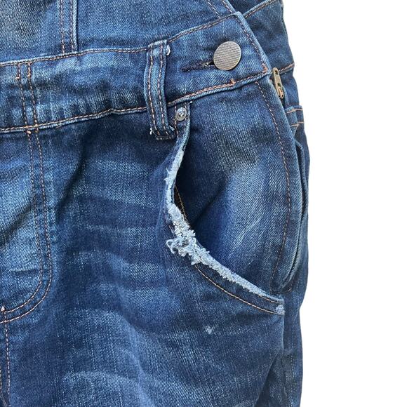 Free People Denim Overalls Sz 27 Blue Distressed Open Back Casual Boho Utility - Picture 7 of 16